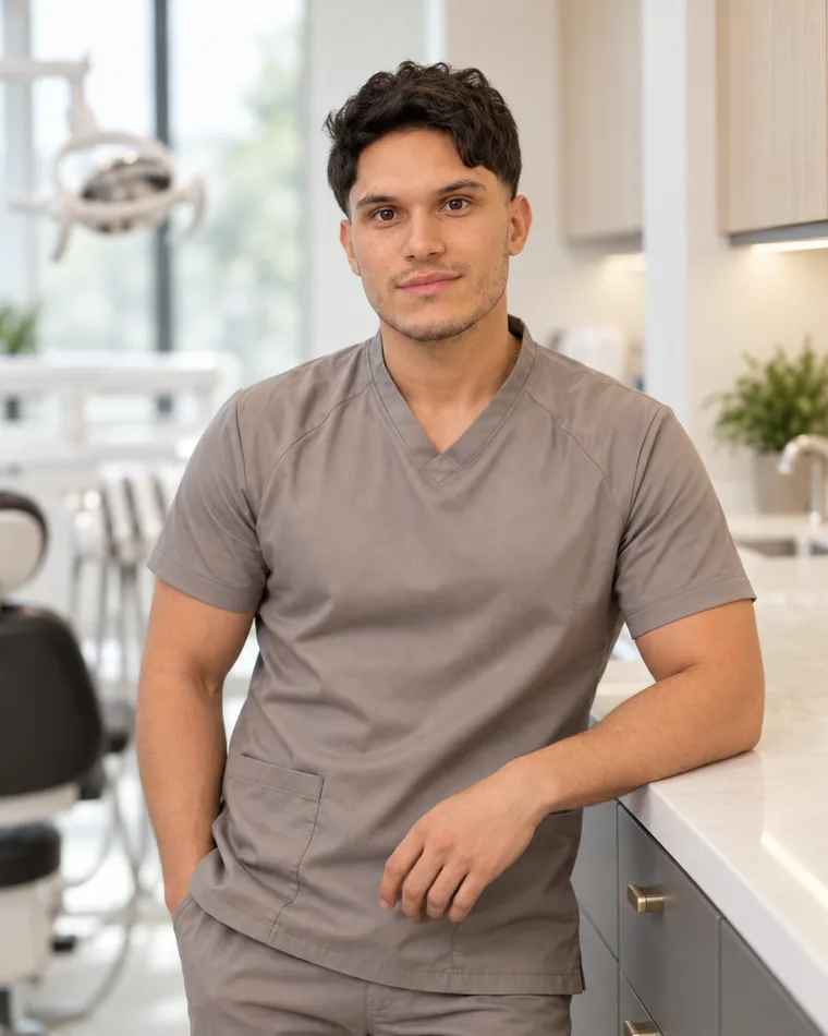 Dr. Gabriel Barbeiro sorrindo, encostado na bancada do consultório